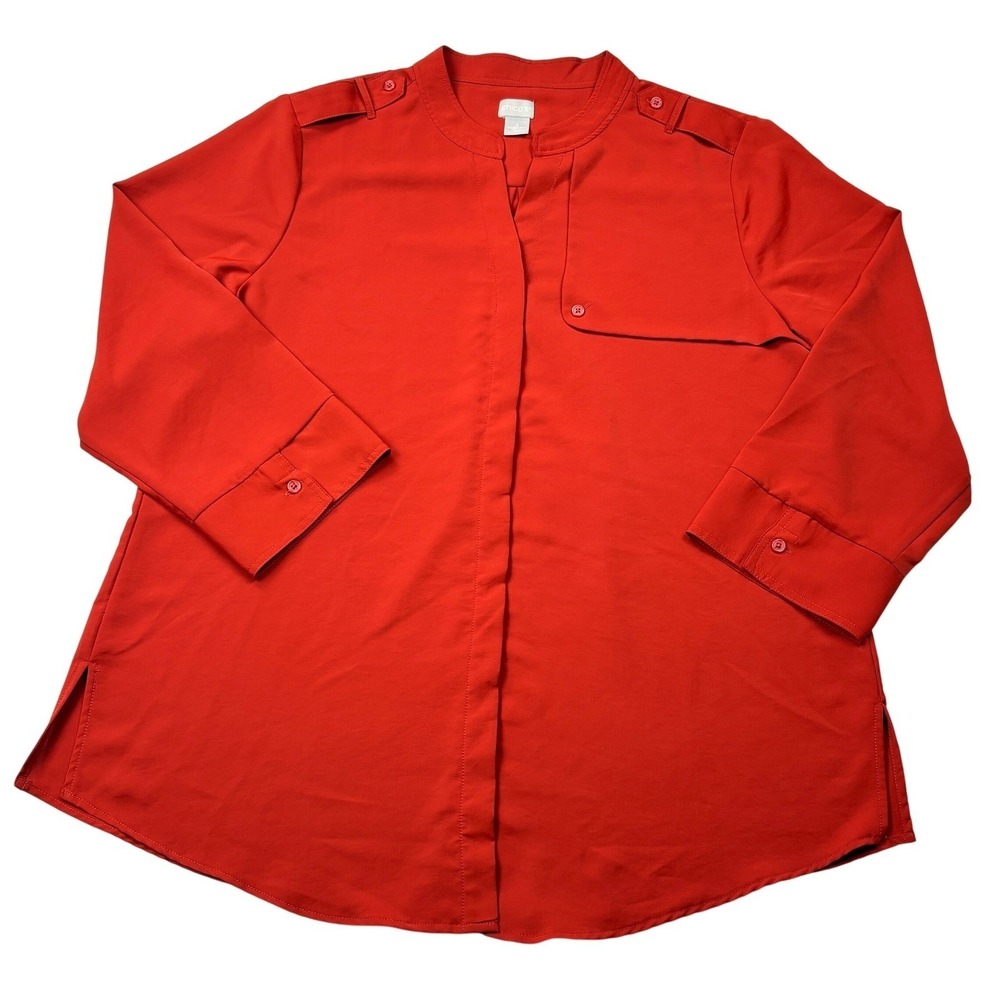 Chico's Red Split Neck 3/4 Sleeve Blouse Top Epaulets Size 3 US 16/18 570306789